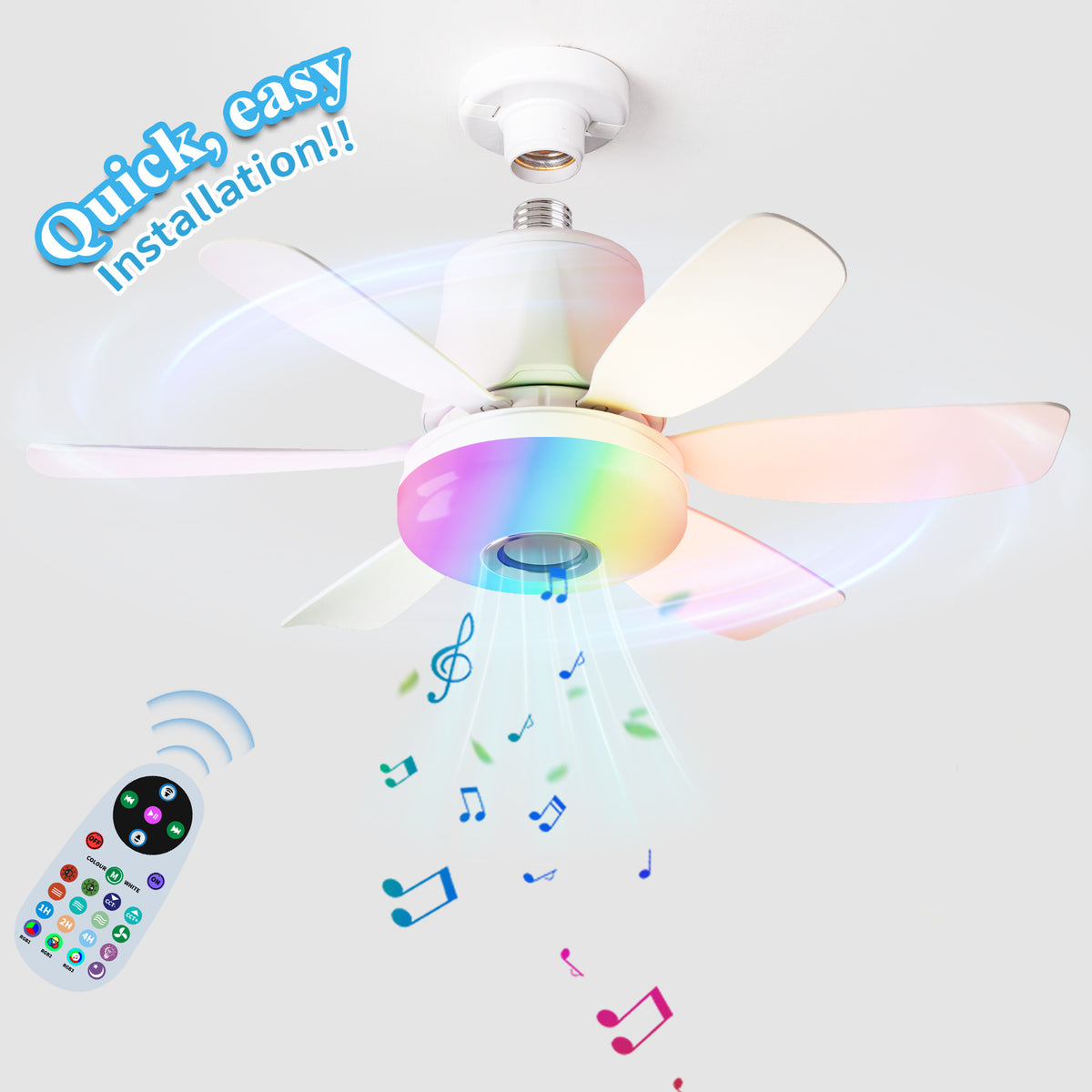 RGB Speaker Ceiling Fan Light with E26/E27 Socket Base, Remote Control, 3 Fan Speeds, Dimmable 3000K–6500K White Lighting and Music Rhythm Effects
