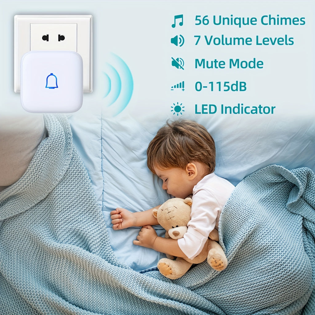 Wireless Doorbell Chime Kit with 1 Button and 2 Chimes, 56 Melodies, 7 Volume Levels and Mute Mode, Listed 1000ft Range for Home and Office