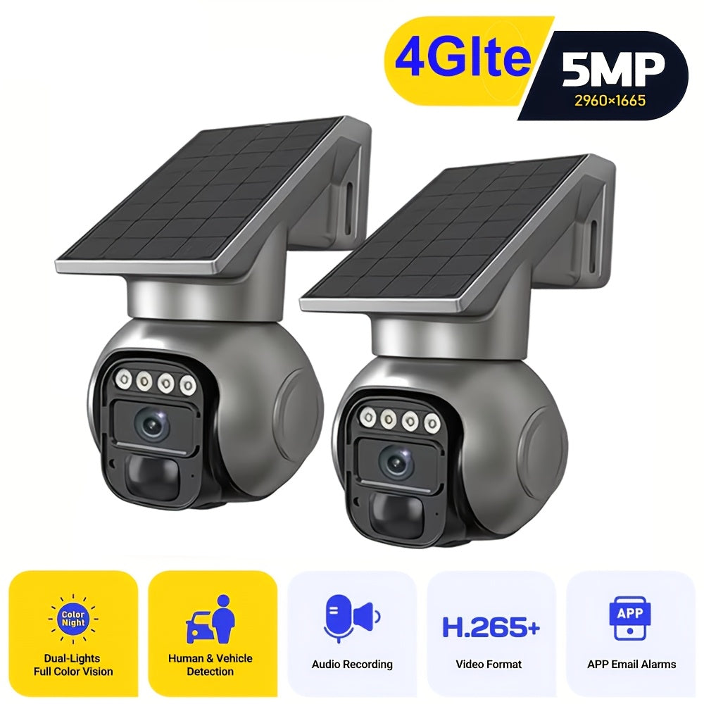 1-2pcs - 4G LTE Solar Security Camera, Wireless Outdoor, No WiFi Needed, Solar Powered Camera, 360° Live View, 5MP HD Night Vision, Two-Way Audio, Waterproof, Ideal For Hunting And Farm Trail Cameras, Off-Grid Farm And Wildlife Monitoring.