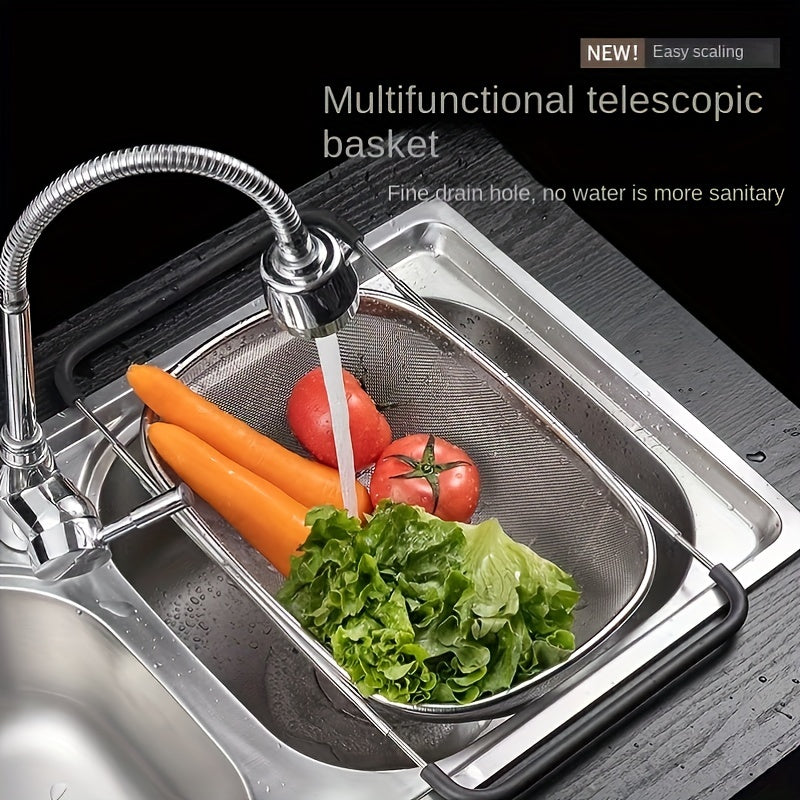 Adjustable Sink Colander Basket, One-Piece Kitchen Drain Rack with Stainless Steel Reference for Rinsing Vegetables and Draining Fruit in Compatible Sinks