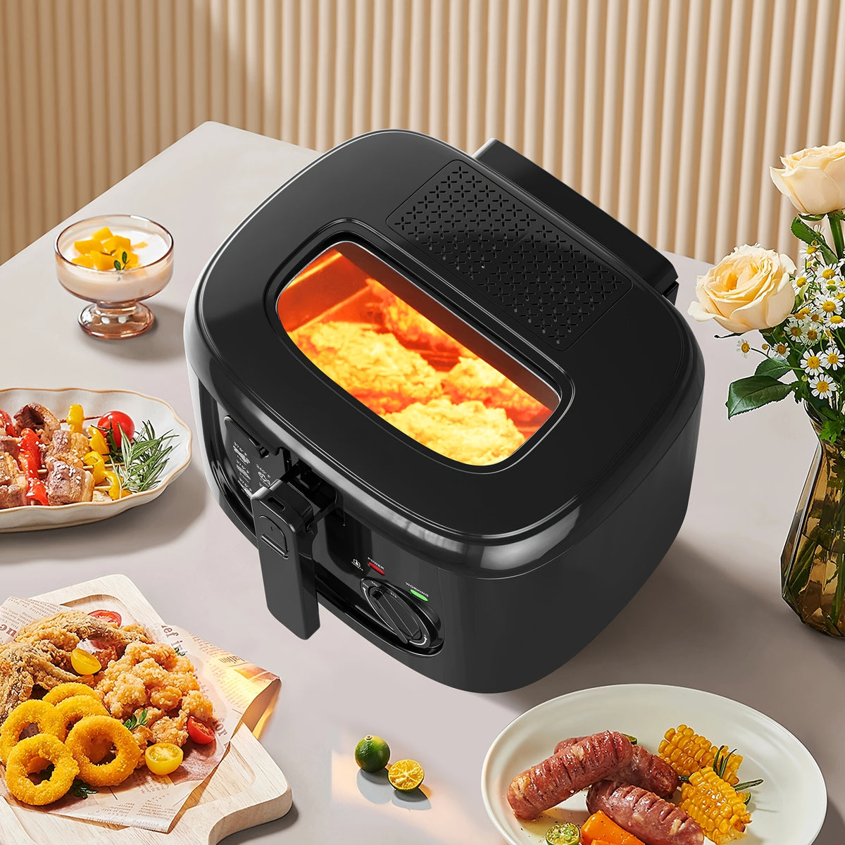 Adjustable Electric Deep Fryer with Listed 1500W Power and 84.54 Oz Capacity, Nonstick Basket, Viewing Window and Removable Lid in Black or White for Home Cooking
