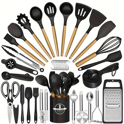 Silicone Cooking Utensil Set, 37 or 44-Piece Kitchen Tool Options in Five Colors for Beginner Cooks, Everyday Meal Preparation and Housewarming Gifts