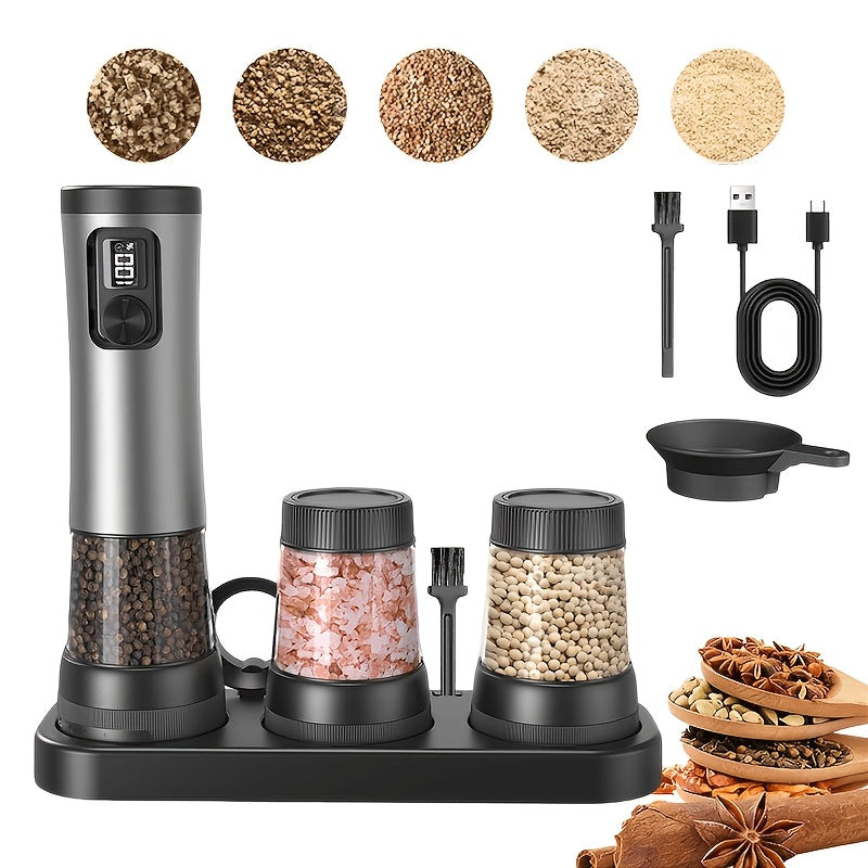 Rechargeable Salt and Pepper Grinder with Adjustable Coarseness and LED Display, 3-in-1 Silvery Black or 6.76oz Double Barrel Options for Kitchen Seasoning