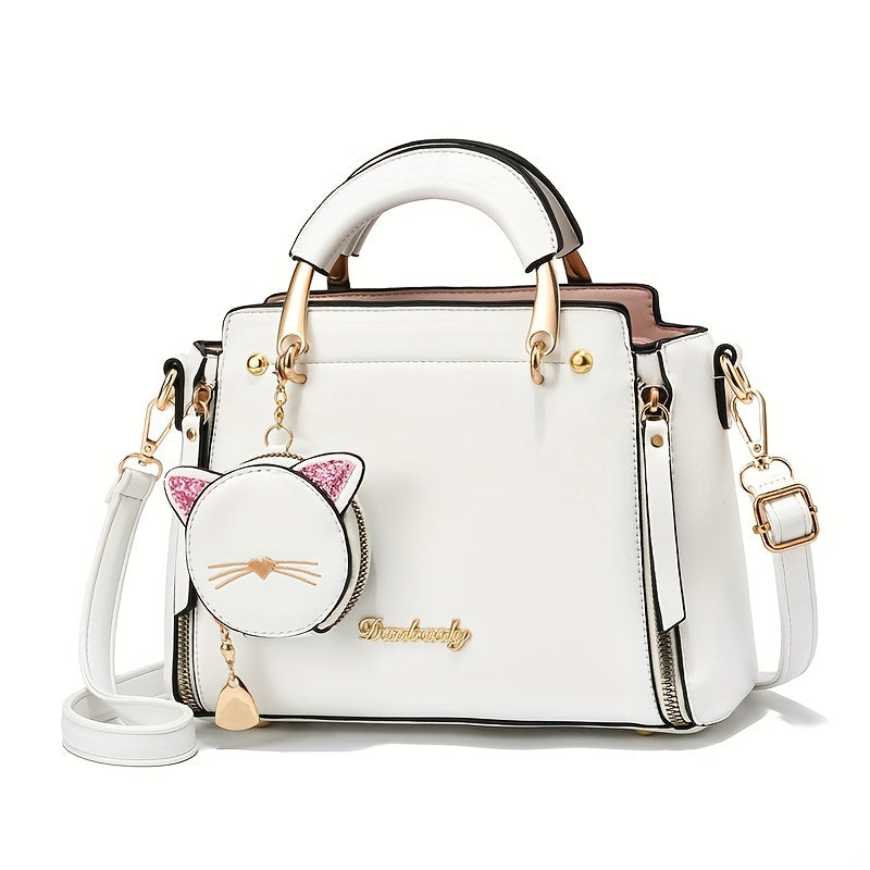Mini Satchel Handbag with Kitten Pendant for Women, Top Handle Small Purse in Black, White, Pink, Purple, Khaki or Green for Coffee Dates and Casual Outings