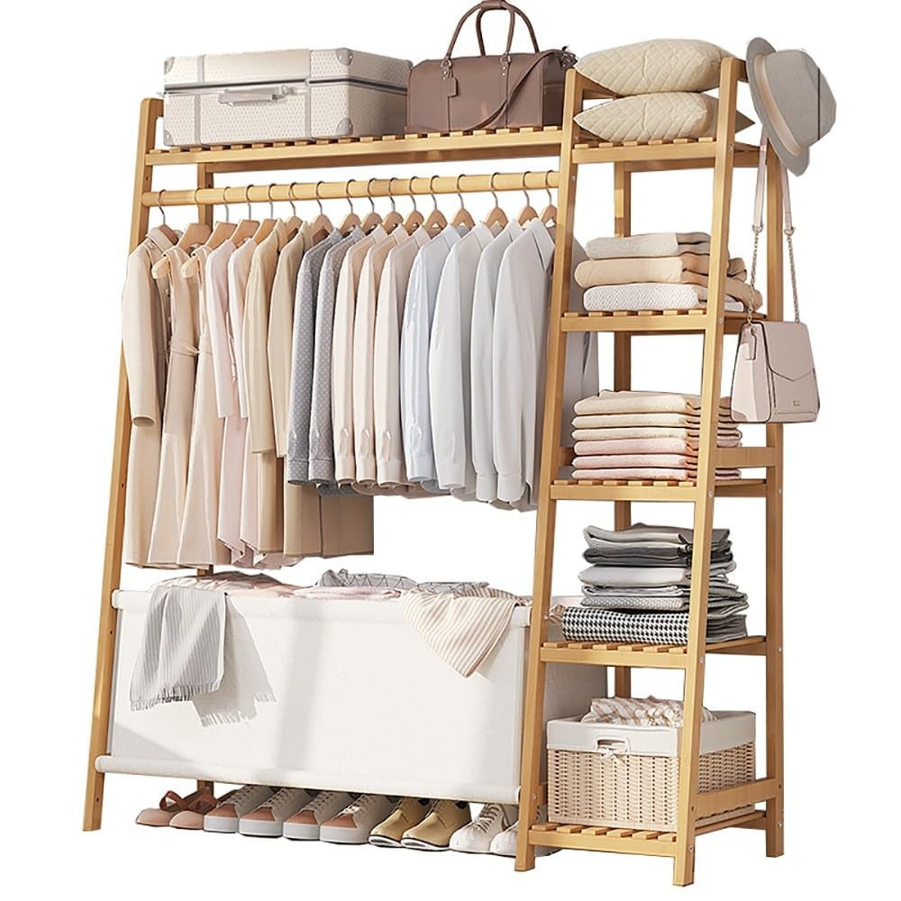 Bamboo Garment Rack with Adjustable Shelves, Five Side Storage Racks and Hat Hooks for Bedroom Organization, Brown or Nature with Four Size and Bag Option Labels