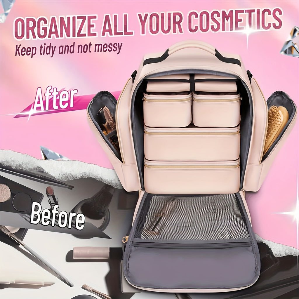 Removable-Pouch Makeup Organizer in Pink with Four Listed Inner Pouches and Jewelry Roll, Multifunction Cosmetic Travel Case for Beauty Essentials and Trip Packing