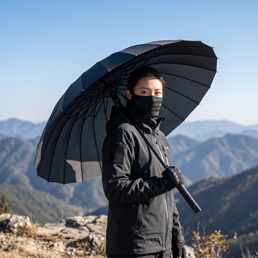 Samurai Umbrella in Black with Automatic Open and Close, Listed 24-Rib Steel Frame and Sword-Themed Styling for Rainy Days, Cosplay Outfits and Anime Fan Gifts