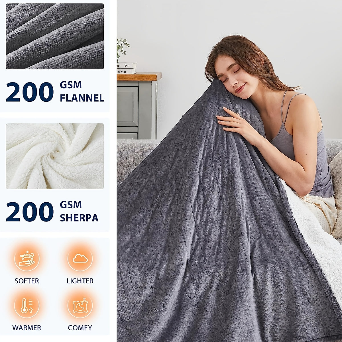 Electric Heated Blanket with 10 Heat Levels and 1, 2, 4, 6 or 8 Hour Auto-Off Choices, Listed 110W US Plug Controller Design in Four Colors and Five Size Labels