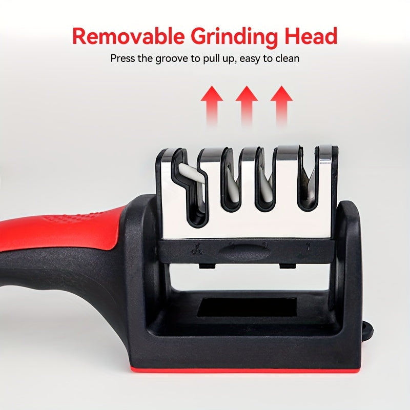4-Stage Knife Sharpener with Non-Slip Grip, Red and Black Kitchen Edge-Care Tool with Listed Tungsten, Diamond and Ceramic Abrasives for Compatible Knives