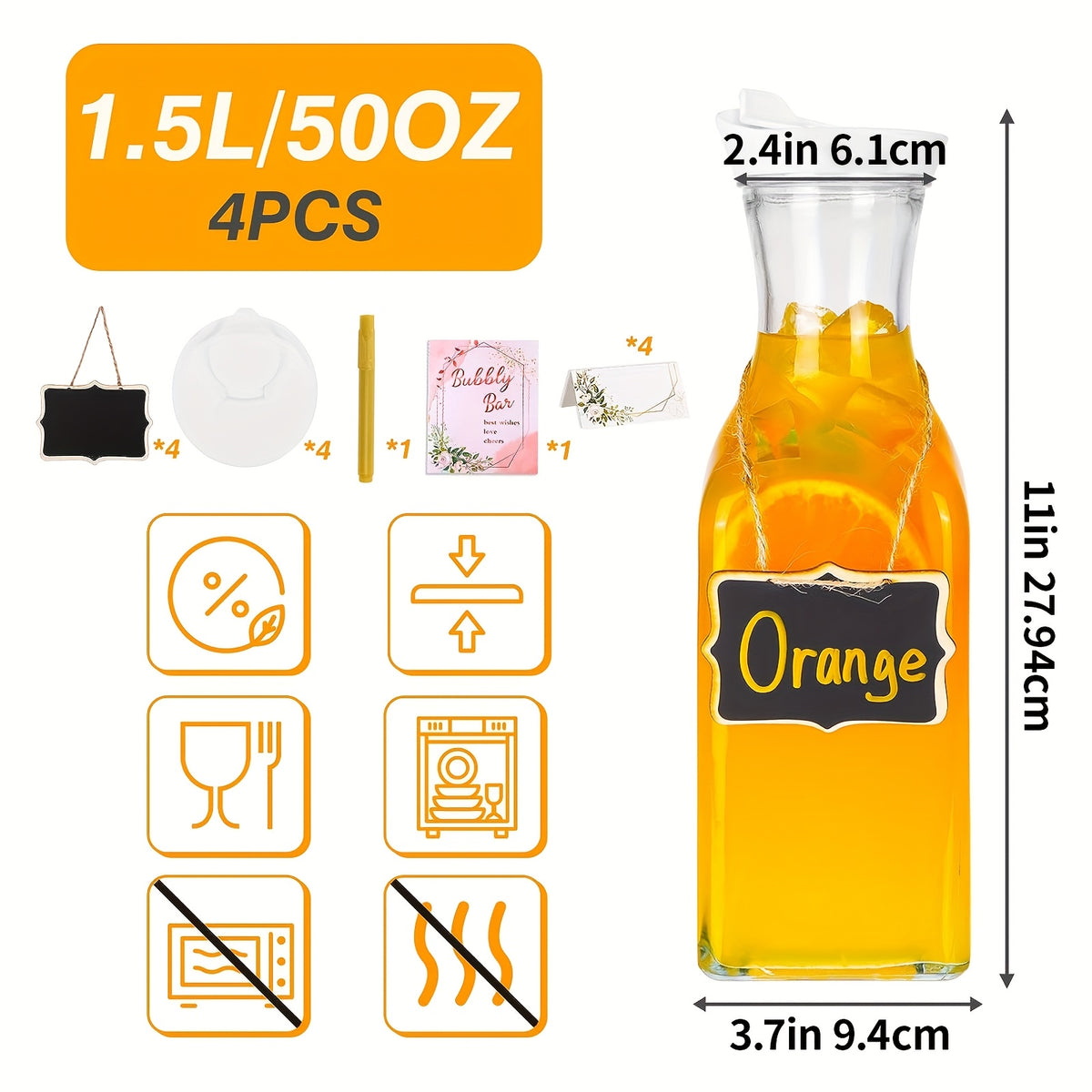 Glass Carafes with Lids, Four 1.5-Liter Beverage Serving Vessels for Iced Tea, Milk and Cold Brew Coffee at Family Meals, Weekend Brunches and Parties