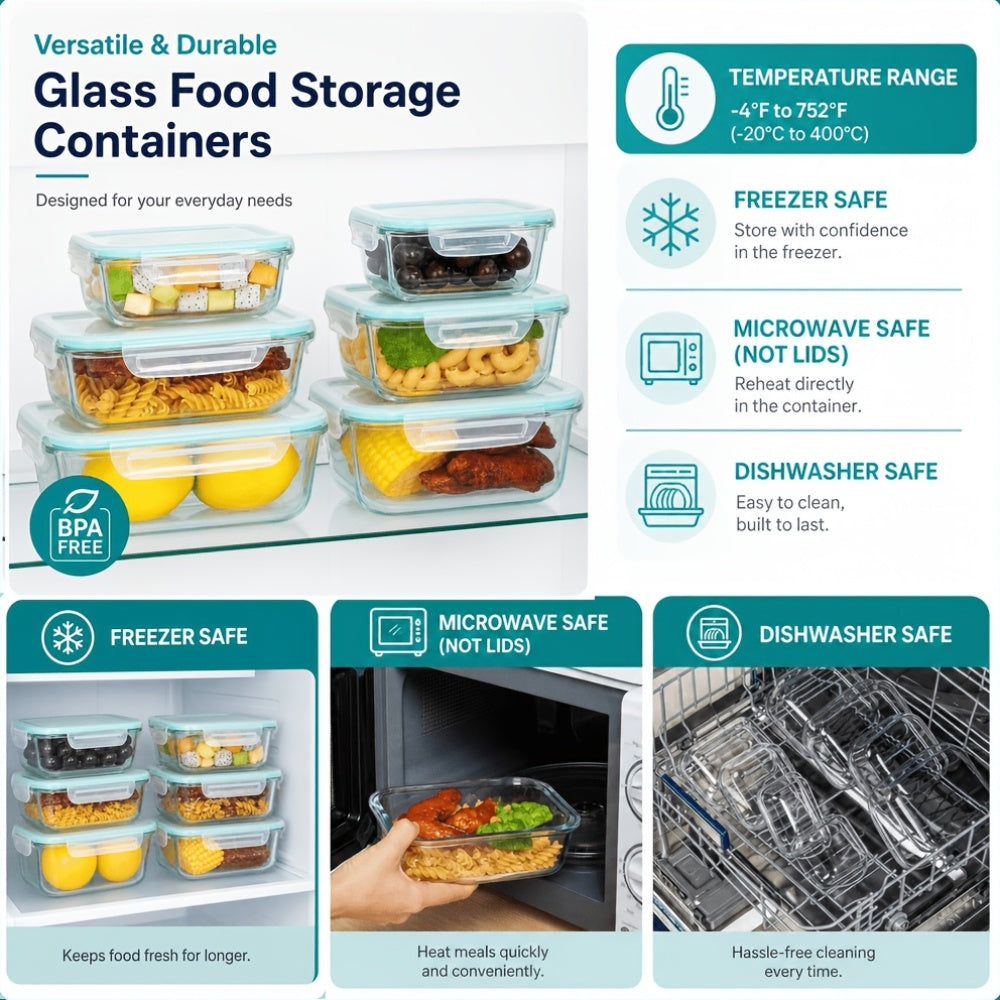 Glass Food Storage Container Set with 8 or 10 Containers and Matching Lids, Blue, Pink or Green Options for Lunch Portions and Refrigerator Organization