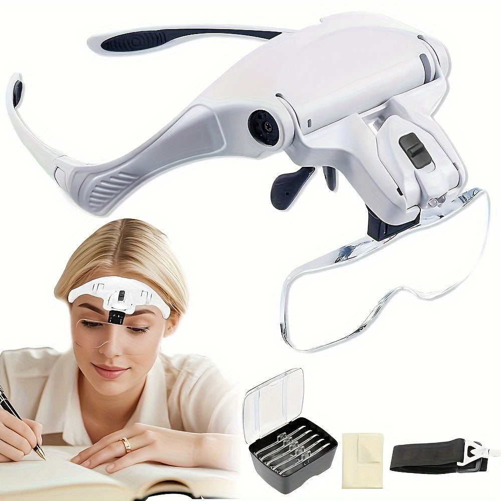 LED Head Magnifier in White with Adjustable Headband and Five Interchangeable Lenses from 1X to 3.5X for Reading, Jewelry Crafts, Models and Detail Inspection