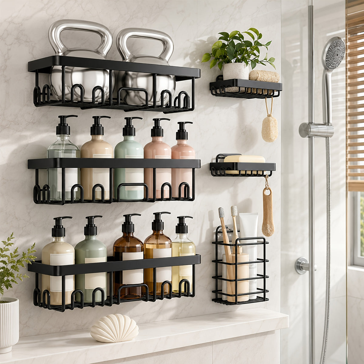 Shower Organizer Set in Black, 6-Piece No-Drill Adhesive Bathroom Racks with Toilet Paper, Soap and Toothbrush Storage and Listed 13-Inch Size
