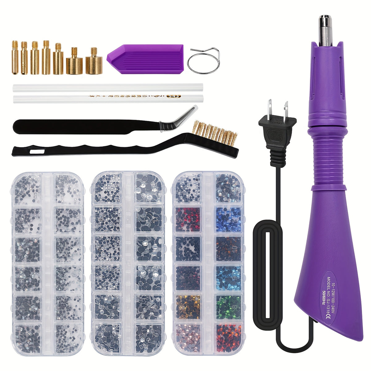 Hotfix Rhinestone Applicator Kit with Seven Tips, Three Listed Stone Boxes, Tweezers and Wax Pens, Purple or Pink Heat Tool for Compatible Fabric Craft Decoration