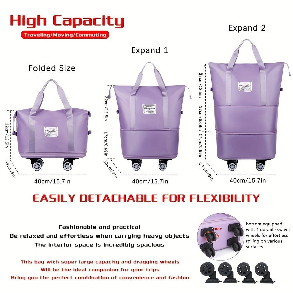 Three-Layer Expandable Travel Bag, Wheeled Clothing Duffel with Four Removable 360-Degree Wheels and Adjustable Pull Handle in Black, Pink, Blue or Purple