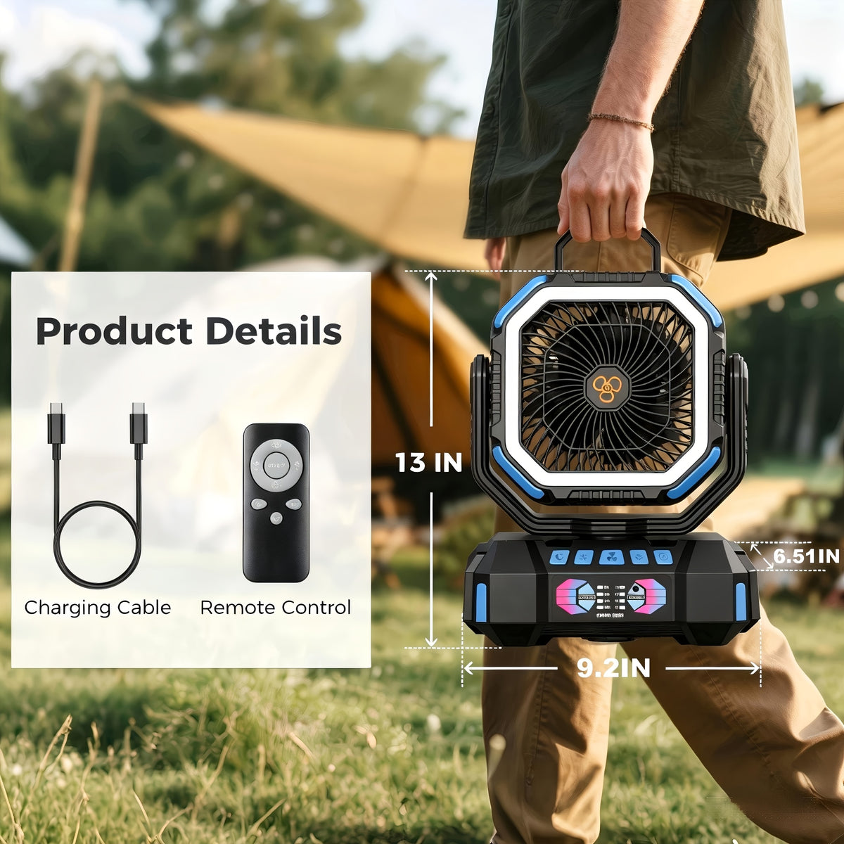 F6 Camping Fan with Four Speeds, Five-Level LED Light, Timer and Power Bank Function, Listed 40000mAh Model in Blue, Green or Orange for Tent and Home Use
