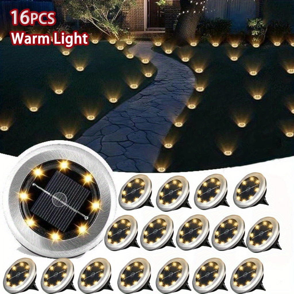 Solar In-Ground Lights in White or Warm Light, 8 or 16-Piece Garden Accent Packs with Listed Eight-LED Design and IP44 Rating for Lawn and Pathway Borders