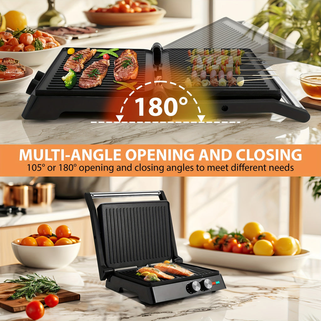Floating-Hinge Panini Press and Indoor Grill with Nonstick Plate Wording, 180-Degree Opening and Grease Tray, Color or Timer-Control Options for Sandwiches