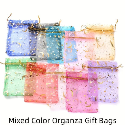 Organza Gift Bags 100-Pack with Moon and Star Design, 2.8 x 3.5 Inch Mixed Color Drawstring Pouches for Wedding Favors, Jewelry and Holiday Parties