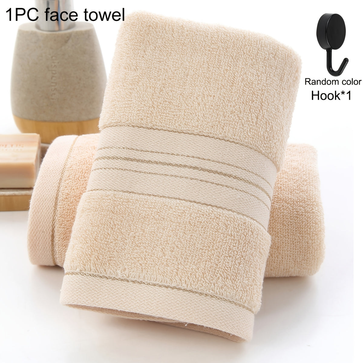 Cotton Hand Towel in Striped 100% Cotton, Single 28.35 x 12.6 Inch Bathroom Towel with Random-Color Hook and Beige, Blue or Khaki Options for Daily Hand Drying