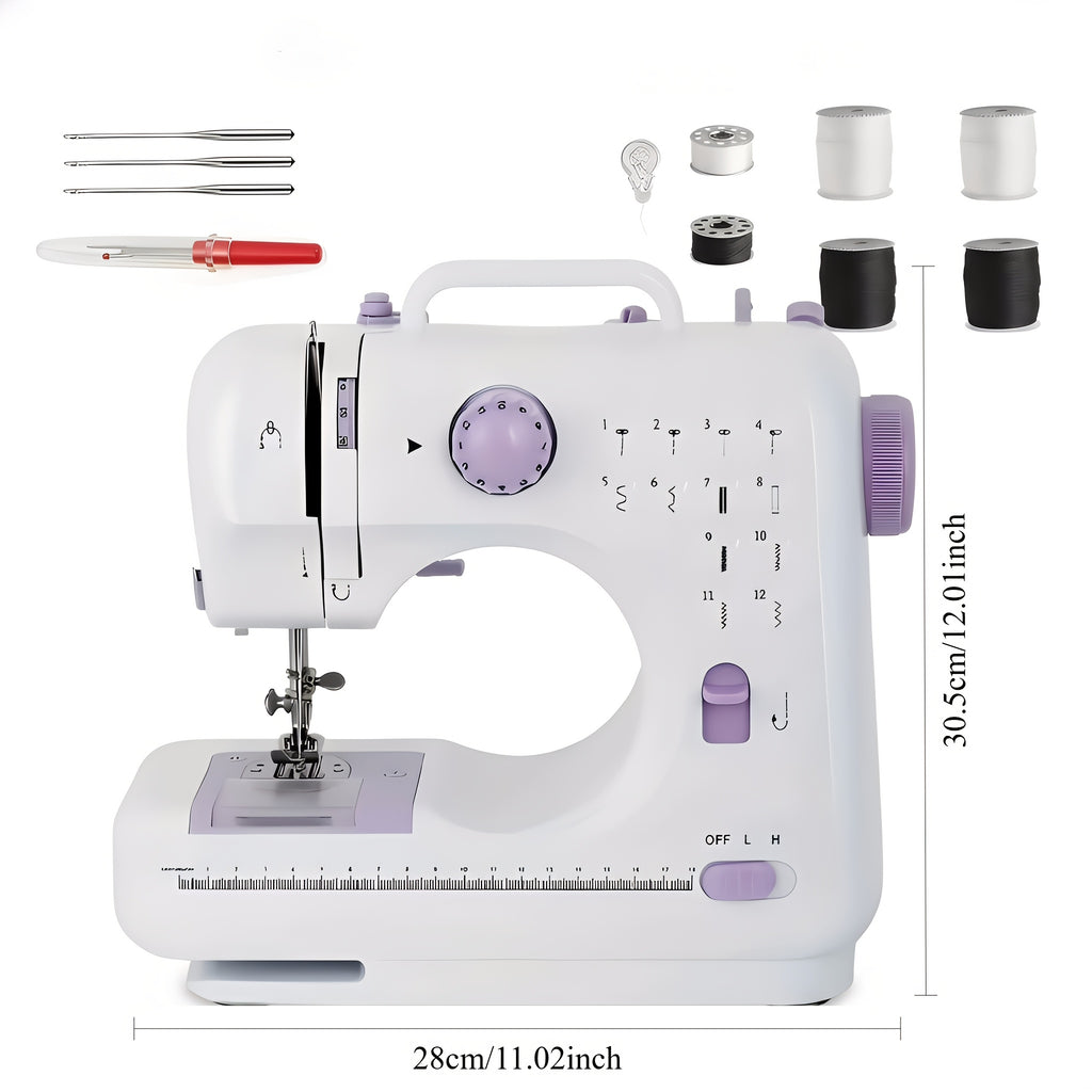 12-Stitch Mini Sewing Machine with Listed Dual Speed and Reverse Sewing, Portable Electric Beginner Craft Tool with Thread, Bobbins and Needles for Home Projects