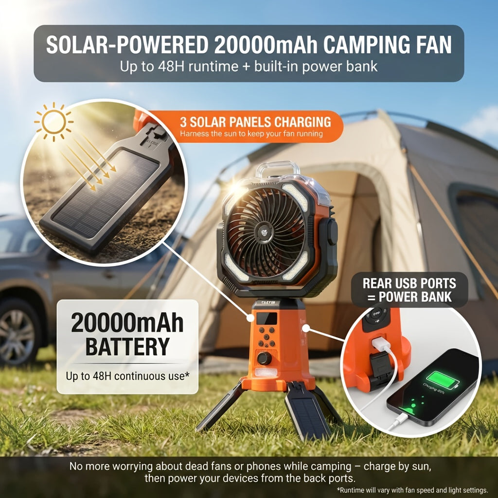 TAZTIR Camping Fan with Listed 20000mAh Battery, Basic or Mist Models in Black or Orange and a Mist+Scalable Option for Tent and Campsite Airflow