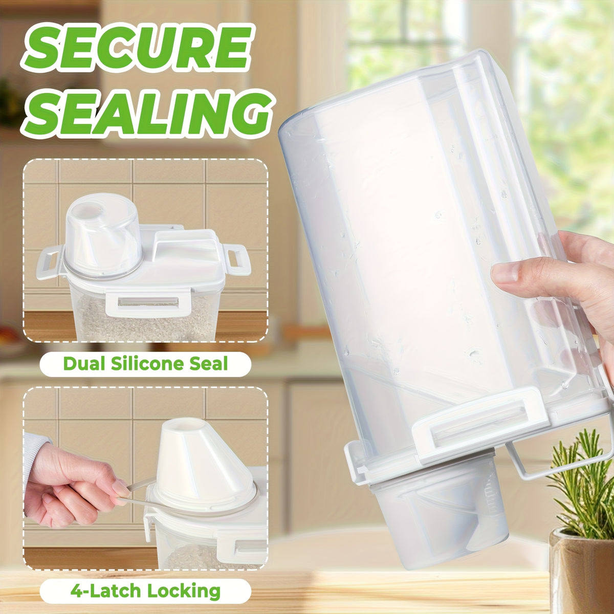 Square Pantry Storage Containers with Clip-On Closures, Listed Four-Piece Plastic Set and 3L/102oz Capacity Wording for Rice, Grain and Nut Organization