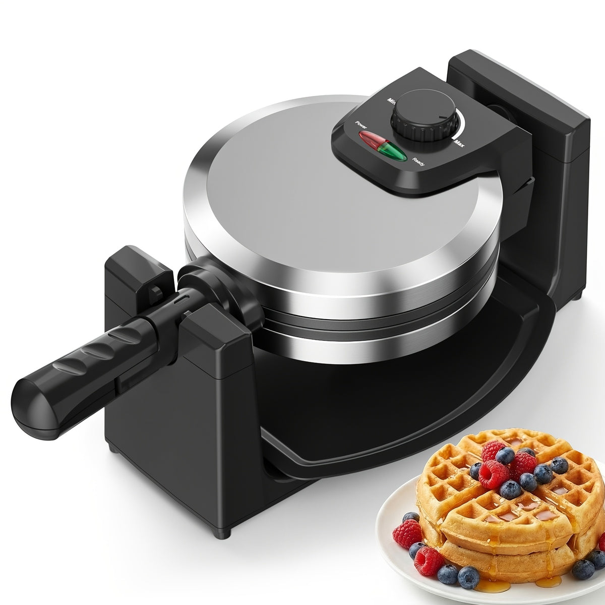 Rotating Belgian Waffle Maker with Listed 180-Degree Flip and Adjustable Browning, Silvery Single-Layer or Double Waffle Iron Options for Home Breakfasts