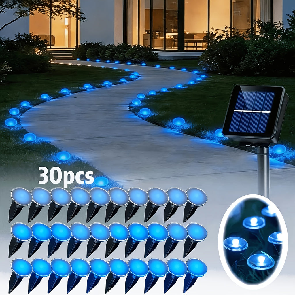 Solar Pathway String Lights with Listed 30 LEDs and Stake Design, Six Warm, White, Purple, Blue, Red and Green Light Options for Patio and Garden Event Decor
