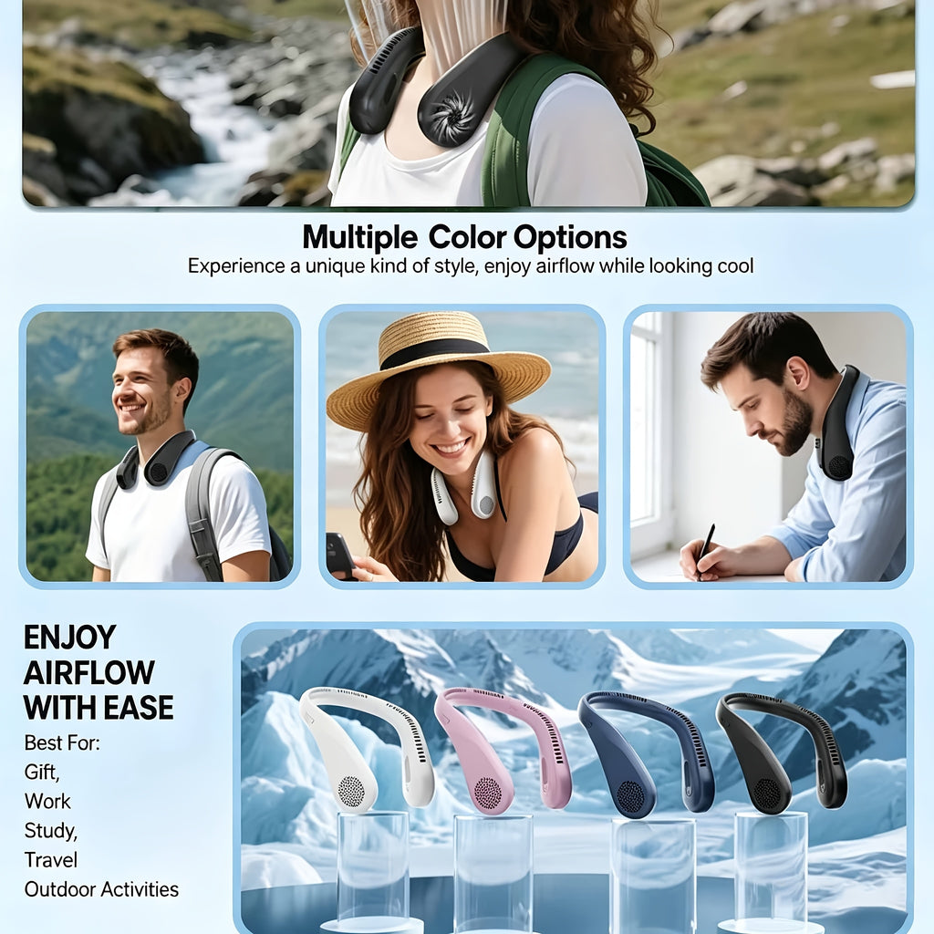 Four-Speed Bladeless Neck Fan, USB-C Rechargeable Wearable Personal Fan with 66 Air Vents and Hands-Free Airflow for Travel, Office, Cooking and Outdoor Leisure