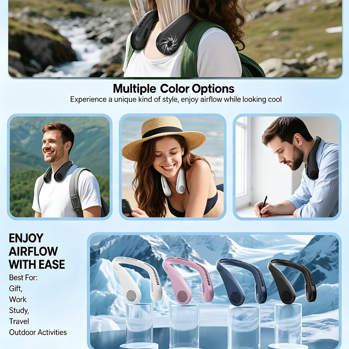 Four-Speed Bladeless Neck Fan, USB-C Rechargeable Wearable Personal Fan with 66 Air Vents and Hands-Free Airflow for Travel, Office, Cooking and Outdoor Leisure