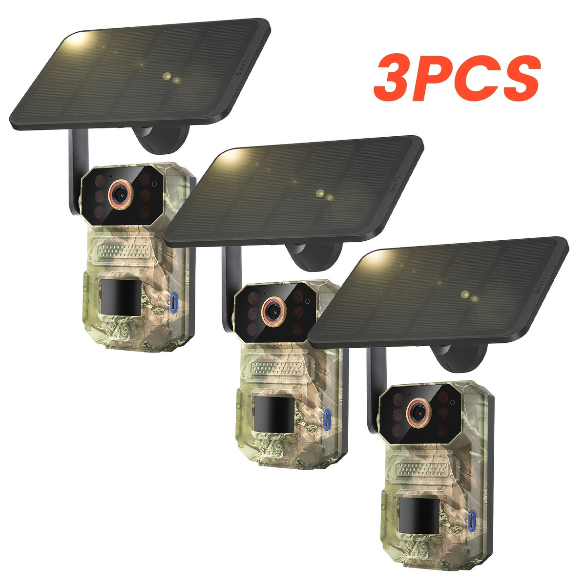 4G LTE Cellular Tracking Camera in Camouflage, Listed 1440P Video, USB and Solar Charging, Night Vision and Two-Way Audio in One- or Three-Camera Options