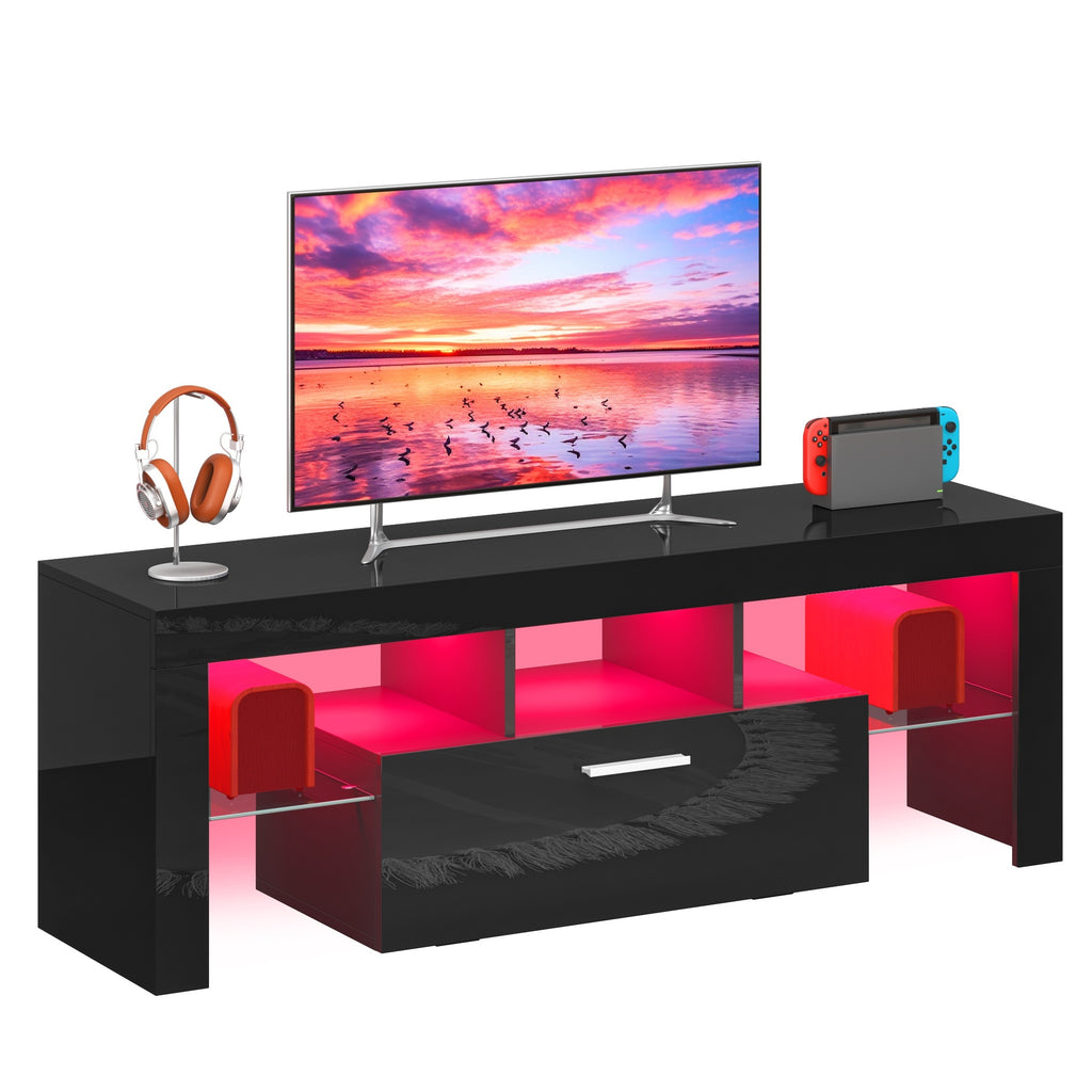 Black LED TV Stand with Listed 51-Inch Length and Single Storage Drawer, Modern Entertainment Media Console for Living Room, Bedroom and Game Room Organization