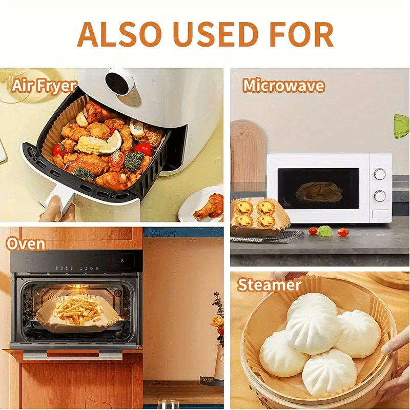 Square Air Fryer Paper Liners, 8-Inch Unbleached Disposable Baking Pads with Nonstick and Ruffled Edge Design, 50 100 or 200 Pieces for Home Cooking Prep