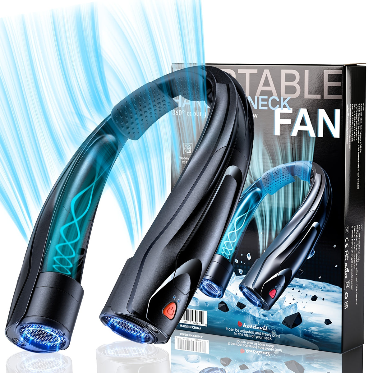 Black Portable Neck Fan with Six Adjustable Speeds and USB Rechargeable Design, Hands-Free Wearable Personal Airflow for Outdoor Travel, Office and Leisure
