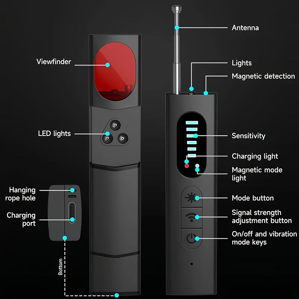 Hidden Camera Detector and RF Signal Scanner, Portable Rechargeable Anti-Spy Bug Finder for Hotel Travel, Home, Office and Car Checks