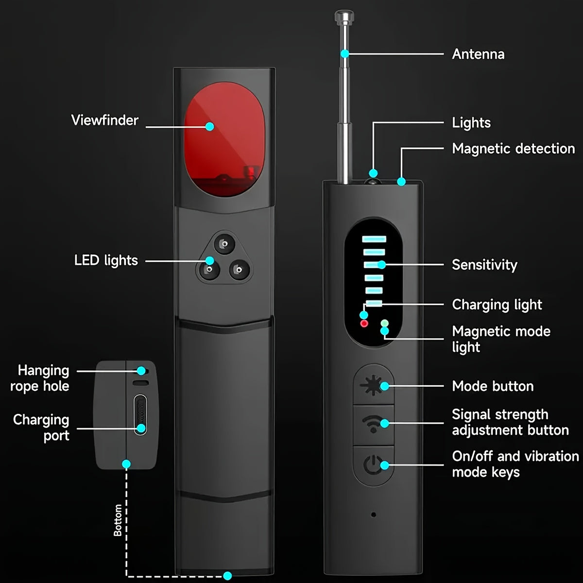 Hidden Camera Detector and RF Signal Scanner, Portable Rechargeable Anti-Spy Bug Finder for Hotel Travel, Home, Office and Car Checks