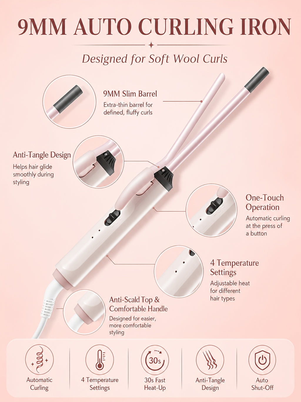 9mm Travel Curling Iron, Ultra-Fine Mini Curling Wand for Tight Curls, Teddy Curls, Airy Bangs & Water Waves, Fast Heating, for Short Hair, Men & Women, Holiday Gift, Pink