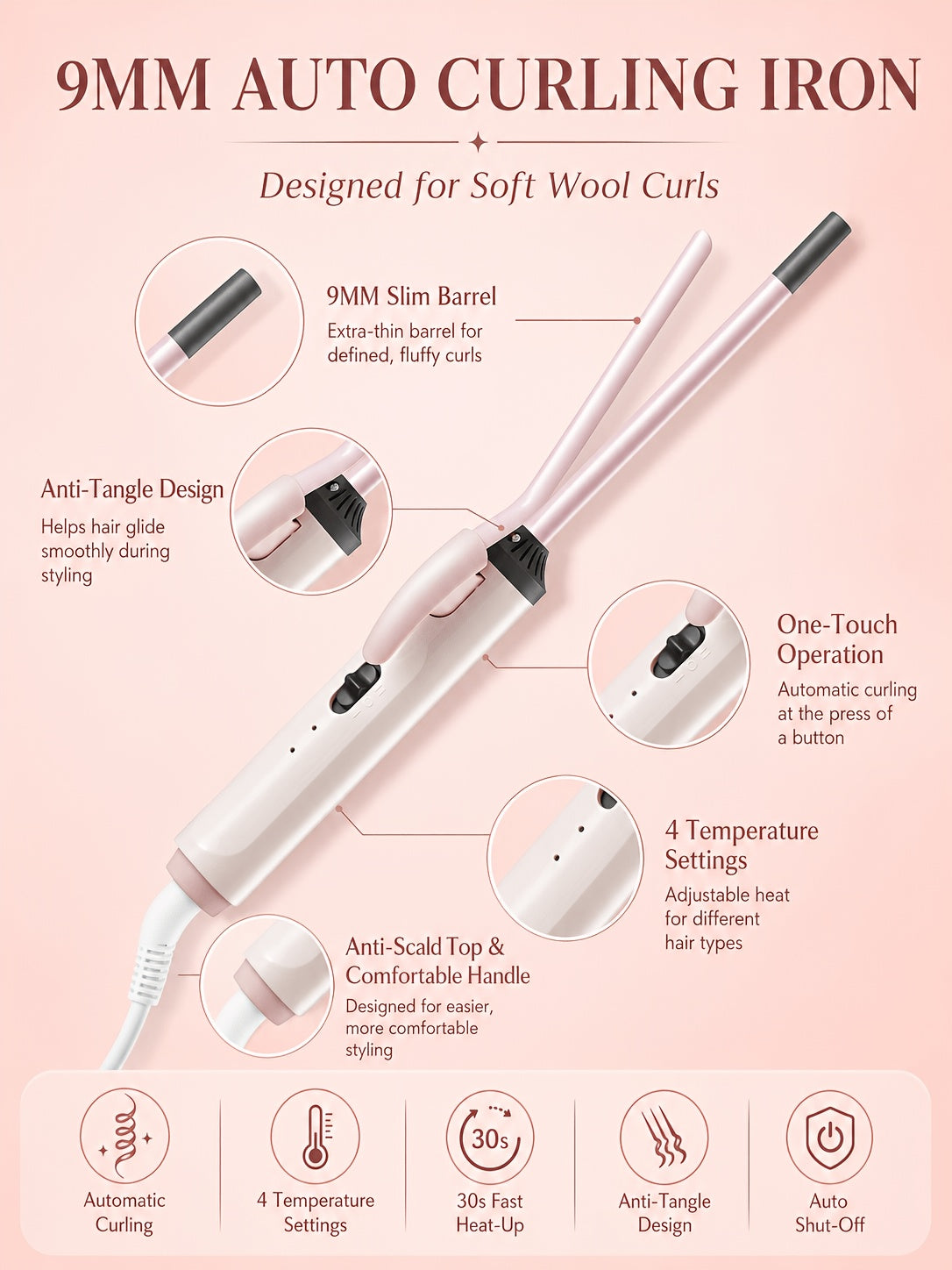 9mm Travel Curling Iron, Ultra-Fine Mini Curling Wand for Tight Curls, Teddy Curls, Airy Bangs & Water Waves, Fast Heating, for Short Hair, Men & Women, Holiday Gift, Pink