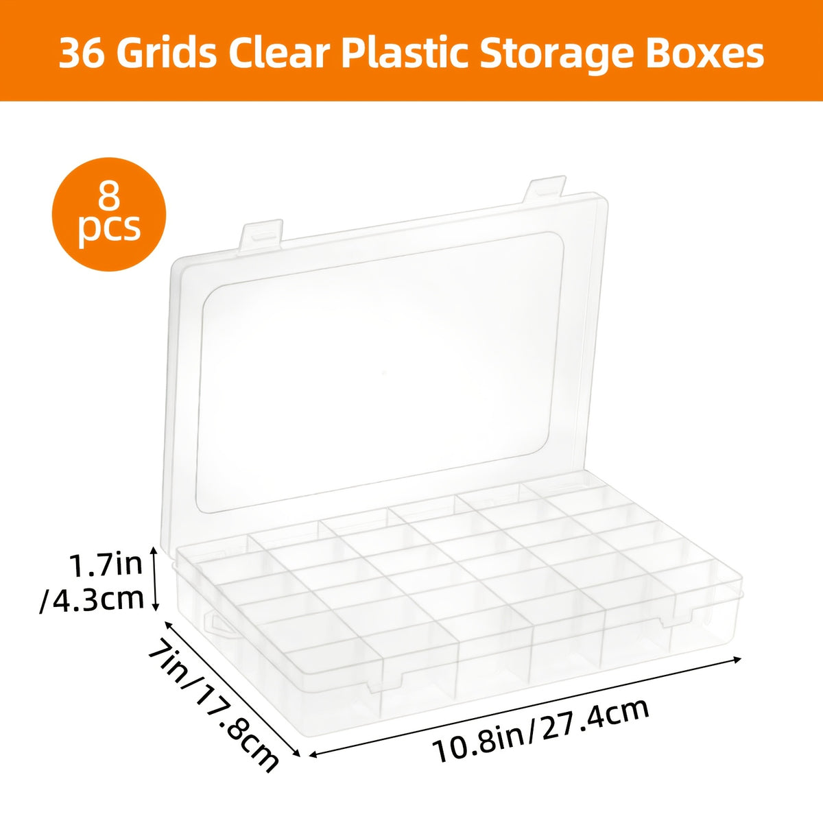 36-Grid Organizer Boxes by TOMNK, Clear Plastic Storage with Adjustable Dividers and Label Stickers, 5 8 or 10-Piece Options for Beads, Jewelry and Craft Supplies