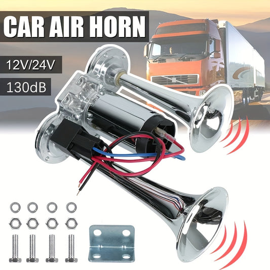Double Tube Air Horn with Compressor and Mounting Bracket References, Listed Aluminum Alloy Vehicle Accessory in 24V Dual-Color or Silvery Options