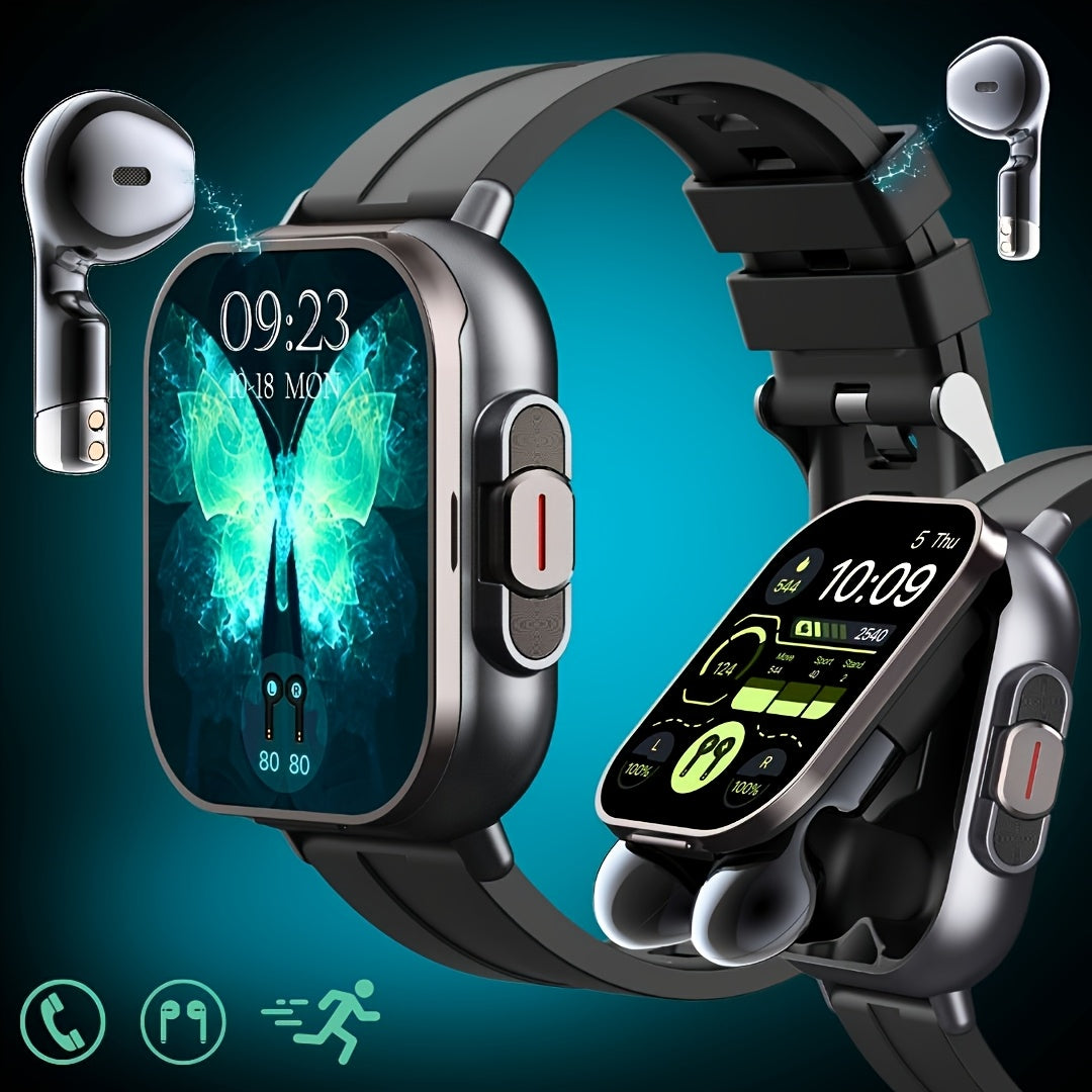 2-in-1 Smartwatch and Wireless Earbuds for Men with Music Control, Sports Modes and Activity Insights, Black or Silvery Watch and Steel Strap Options