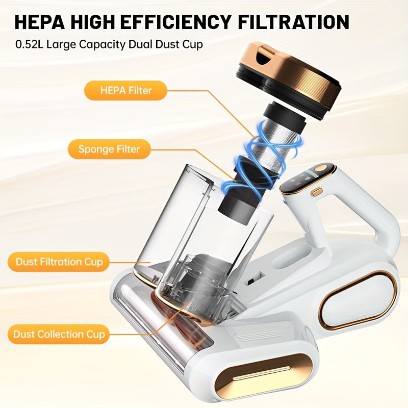 Wireless Mattress Vacuum Cleaner with Listed 16kPa Suction and Dual Cups, Washable Sponge Pre-Filter in Purple or White for Compatible Bed, Sofa and Carpet Fabrics