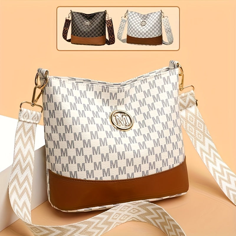 Patchwork Shoulder and Crossbody Bag with Vintage Styling and Wide Lettered Woven Strap, White or Brown Options for Workday Outings, Shopping and Dining