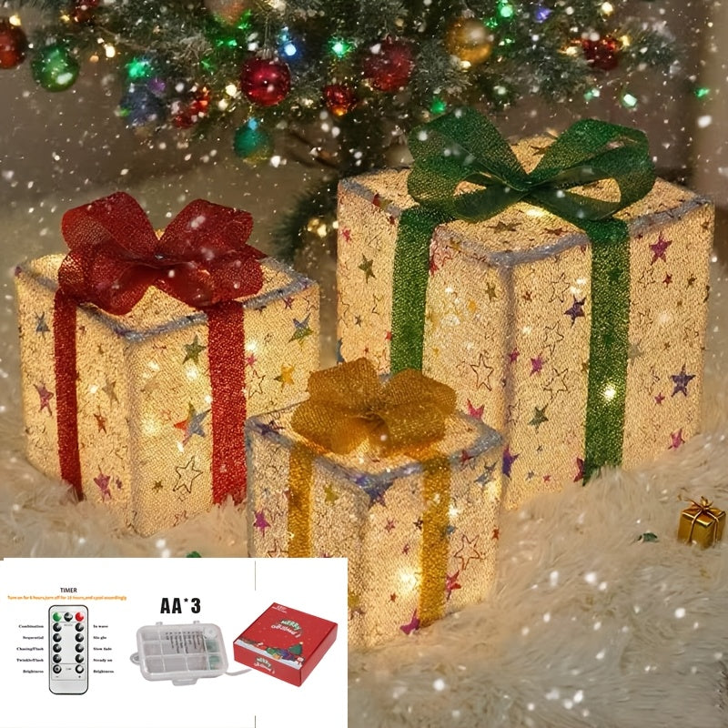 Christmas Gift Box Lights, 3-Pack 75-LED Warm Holiday Decoration with Remote Control, Timer and 8 Lighting Modes for Indoor and Outdoor Displays