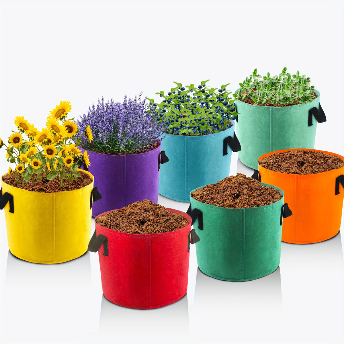 Grow Bags with Handles, Seven-Piece Colorful Fabric Plant Pot Set in Listed 10 Gallon Size for Patio Containers, Outdoor Gardens and Indoor Planting Areas