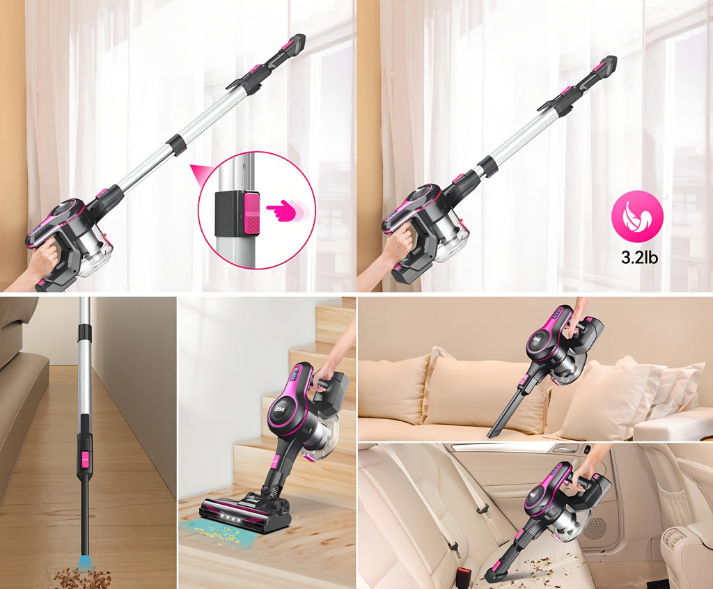 INSE Cordless Vacuum Cleaner, 6-in-1 Rechargeable Home Vacuum with Detachable Battery, LED Brush and 50.5oz Dust Cup for Hardwood, Carpet and Pet Hair