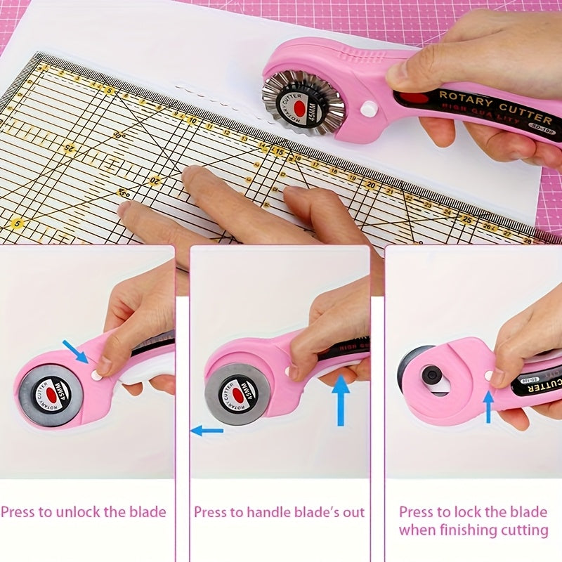 Rotary Fabric Cutter Set with Listed 45mm Blade, Five Replacement Blades, A4 Mat, Craft Knife and Acrylic Ruler in White Pink or Red for Quilting Projects