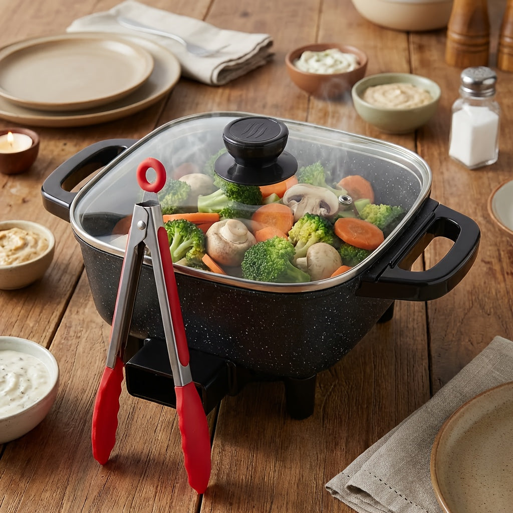 Square Mini Electric Cooking Pot with Listed 8-Inch Size, Nonstick Speckled Coating and Glass Lid, Regular, Upgraded Utensil Bundle and Red Enamel Model Labels