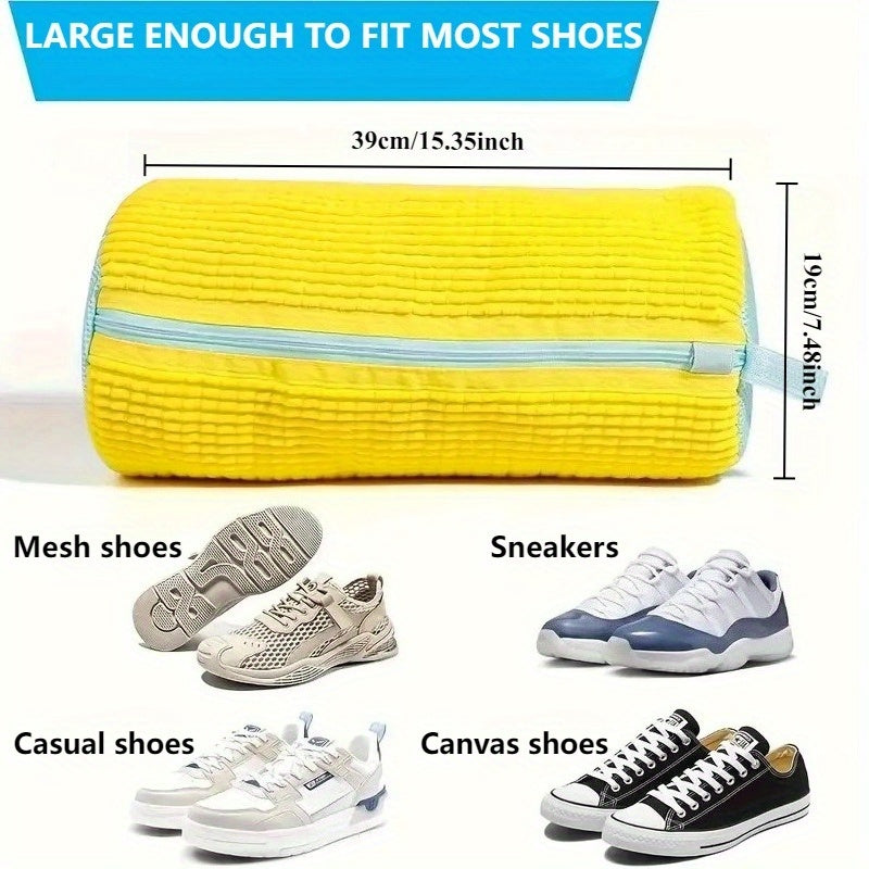 Chenille Shoe Washing Bag in Yellow with Soft Interior, Nylon Zipper and Elastic End Cover for Machine-Washable Sneakers and Household Footwear Laundry